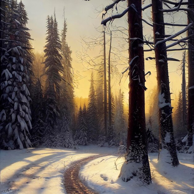 Beautiful illustration of a fir forest in the quite winter sun