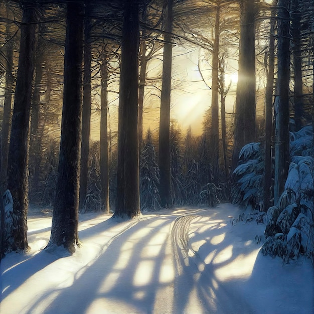 Beautiful illustration of a fir forest in the quite winter sun