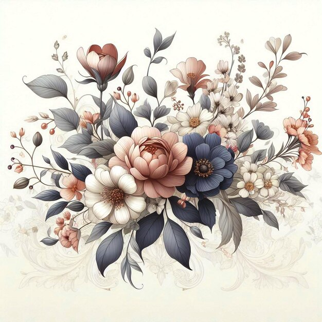 A beautiful illustration of a floral arrangement with various flowers and leaves