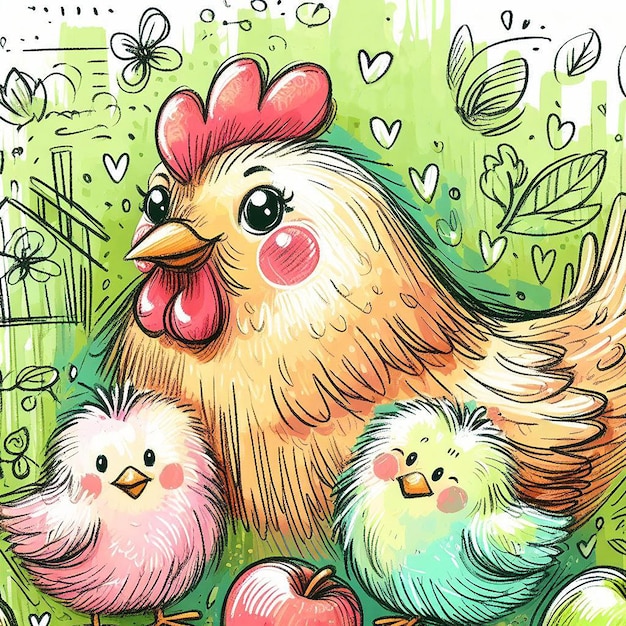 Beautiful illustration of a hen suckling her colorful chicks drawn in watercolor