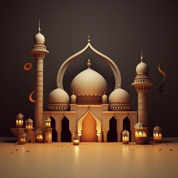 a beautiful illustration of a mosque with a lit candle inside.