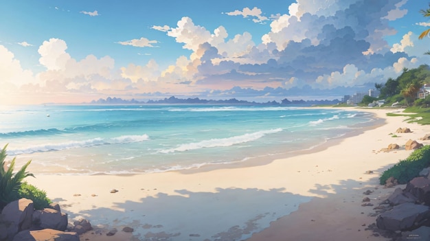 Beautiful Illustration painting blue sky on a beach with clouds anime style