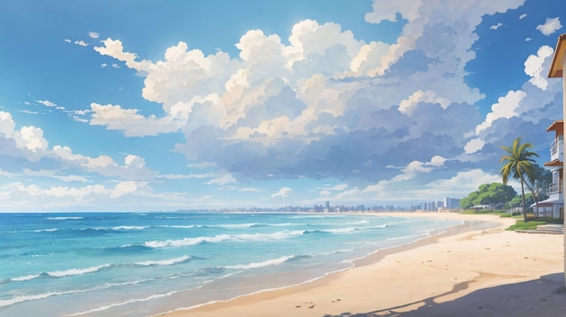 Beautiful Illustration painting blue sky on a beach with clouds anime style