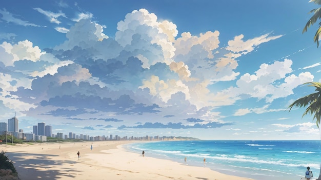 Beautiful Illustration painting blue sky on a beach with clouds anime style