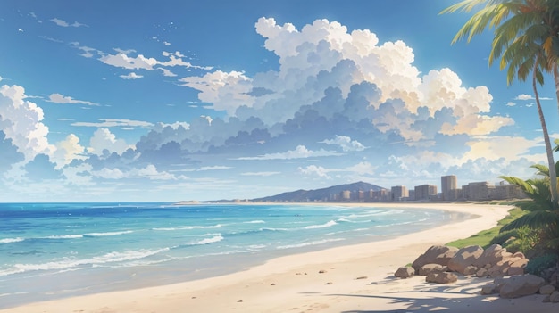 Beautiful Illustration painting blue sky on a beach with clouds anime style