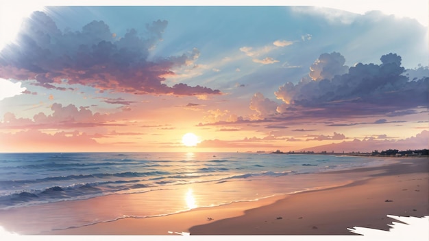 Beautiful Illustration painting blue sky on a sunset beach with clouds anime style