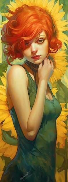 Beautiful illustration of a redhaired woman surrounded by sunflowers Generative AI