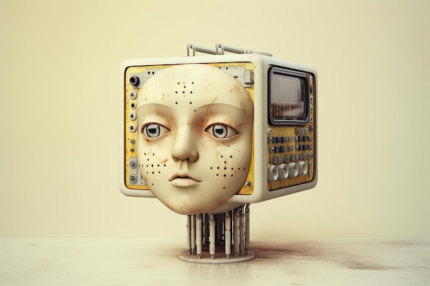 Beautiful illustration of a televisionshaped head in the style of retro feel steampunk Generative AI