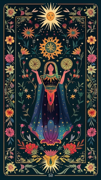 a beautiful illustration of a woman holding a sundial in her hands