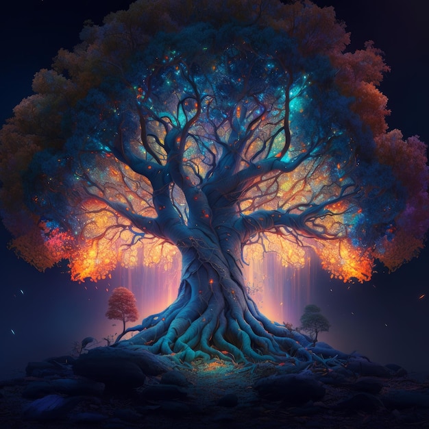 Beautiful image of giant colorful tree hd surreal LED lights generative AI