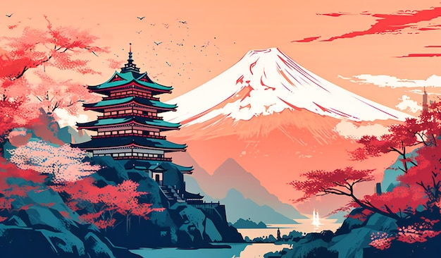 A beautiful image of japanese castle and cherry blossoms with mt fuji in the background