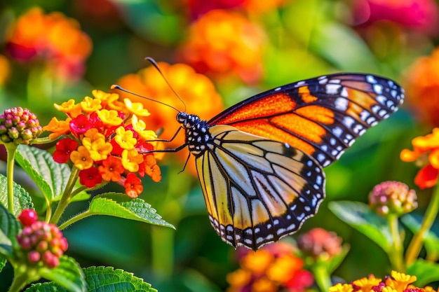 Beautiful image in nature of monarch butterfly on lantana flower