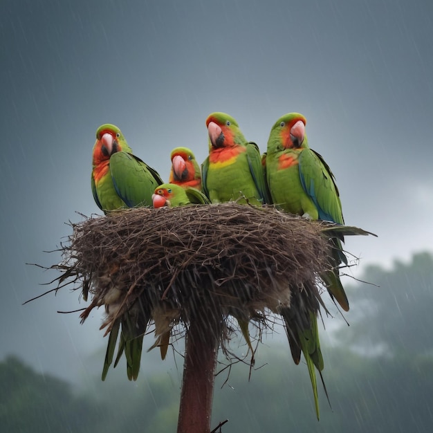 A beautiful image of a nest of young parrots by the father parrot during a raining storm