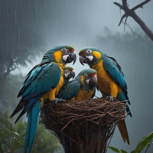 A beautiful image of a nest of young parrots by the father parrot during a raining storm