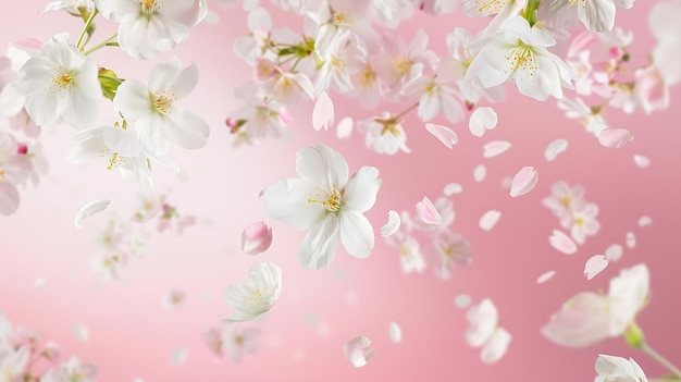 A beautiful image of spring white cherry flowers flying in the air on the pastel pin Generative AI