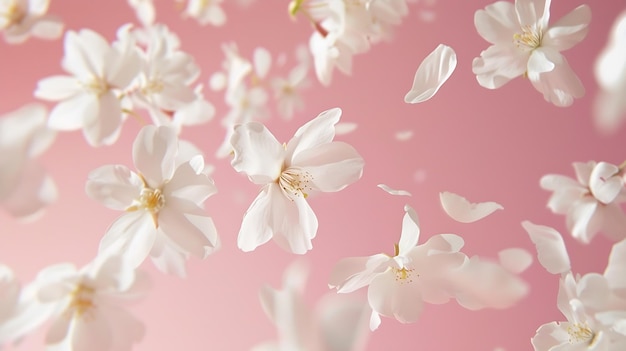 A beautiful image of spring white cherry flowers flying in the air on the pastel pin Generative AI