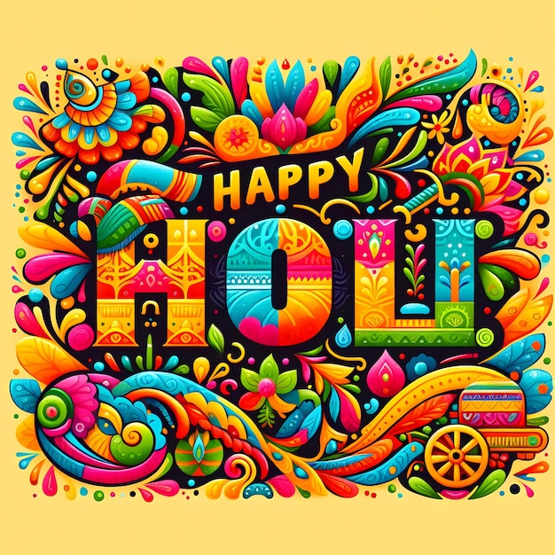 Beautiful Indian festival Flat detailed happy Holi festival celebrating calligraphy