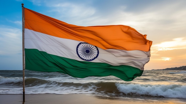 Beautiful Indian flag photo against blue sky and flying pigeons India celebrates its Republic day o