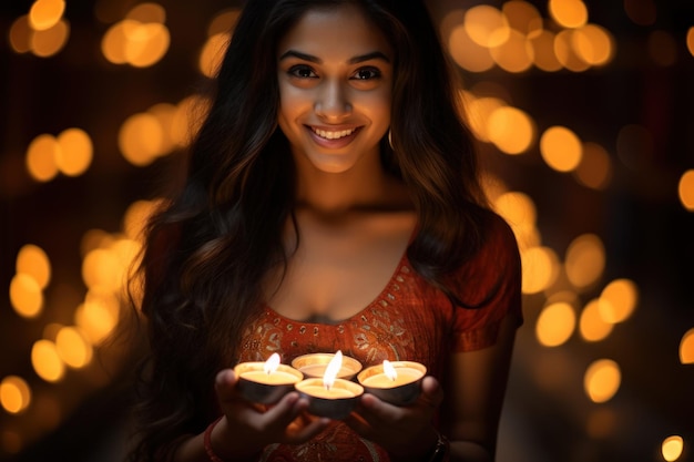 Photo beautiful indian girl holding diya on diwali festival night