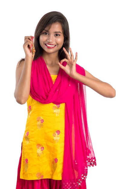 Beautiful Indian girl showing Rakhis on occasion of Raksha bandhan 