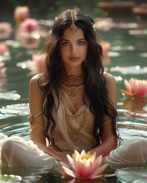 Photo a beautiful indian girl takes a bath in the middle of a sacred lake with lotuses