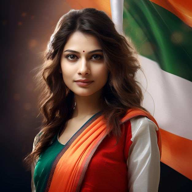 Beautiful Indian girl with tricolour traditional saree cinematic look background Indian flag