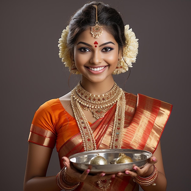 A beautiful indian traditional girl ware sari hold pooja thali on white background