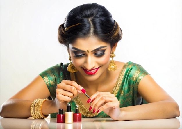 A beautiful Indian woman applying nail polish isolated on white background