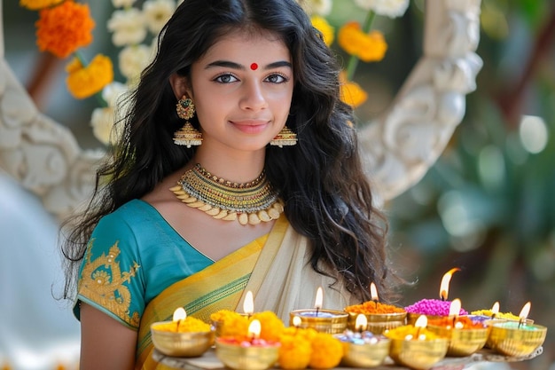 Beautiful indian woman celebrating onam festival with traditional offering