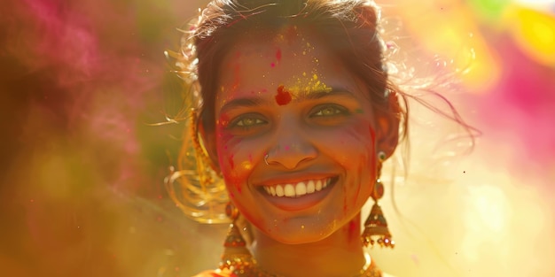 Photo beautiful indian woman in a colorful holi festival with a blurred background and copy space a beautiful young smiling girl celebrating the traditional hindu holy spring season on a bright day