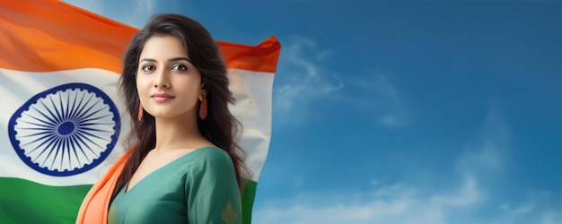 Beautiful Indian woman proudly showing off her heritage with a flagthemed background