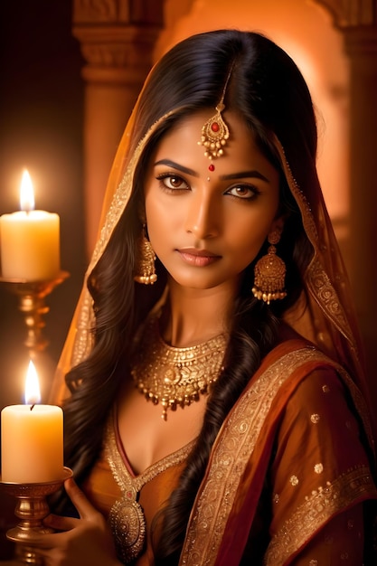 Beautiful indian woman in saree with candle in her hand