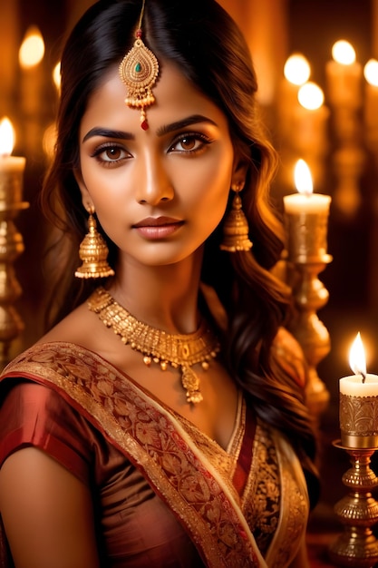 Beautiful indian woman in saree with candle in her hand