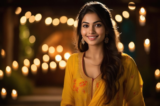 Beautiful indian woman smiling on blur light background