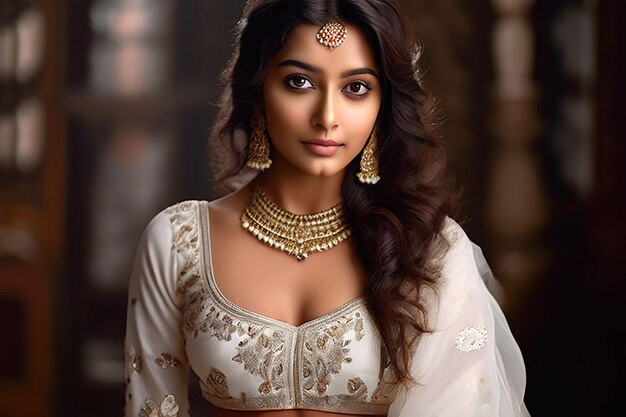 Beautiful Indian women wearing traditional white lehenga