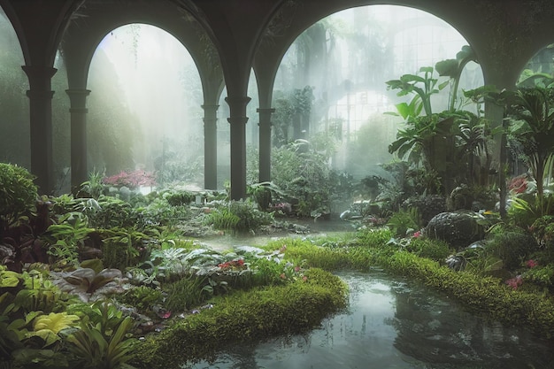 Beautiful indoor garden filled with plants and waterways 3d render photorealistic