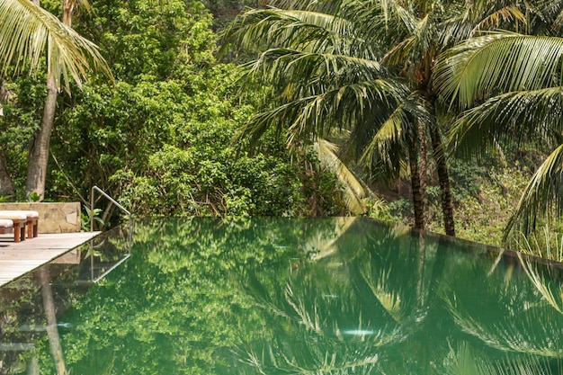 Beautiful infinity pool in tropical garden a relaxation area for tourists reflection of palm trees