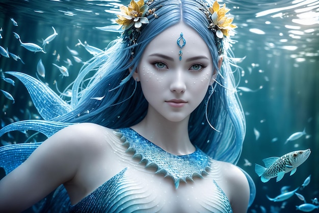 A beautiful inhabitant of the underwater world a mythical character of fairy tales and fantasy a mermaid Generative AI