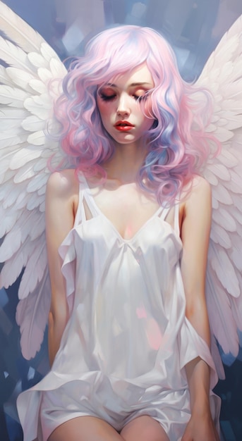 A beautiful innocent tender girl angel an archangel in silk clothes meets at the entrance to heaven