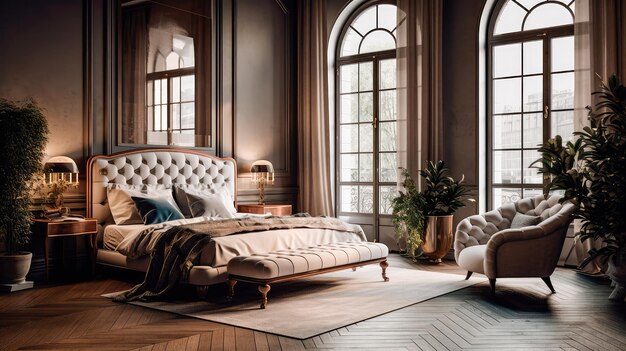 Beautiful interior of the bedroom with a bed and an armchair by the large window Generative AI