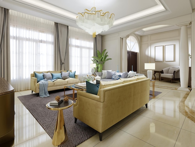 Beautiful interior in beige tones with yellow upholstered furniture and golden side tables with decor 3D rendering