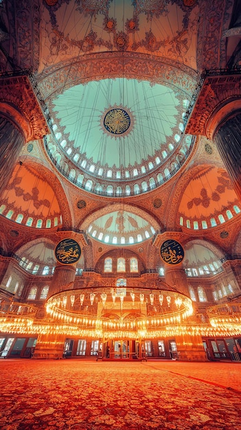 Photo the beautiful interior of the blue mosque in istanbul is a sight to behold with intricate details and a sense of peace and tranquility