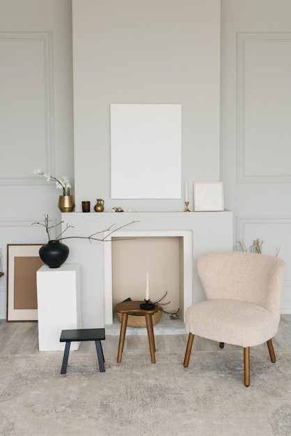 Beautiful interior of a bright minimalist living room with a fireplace