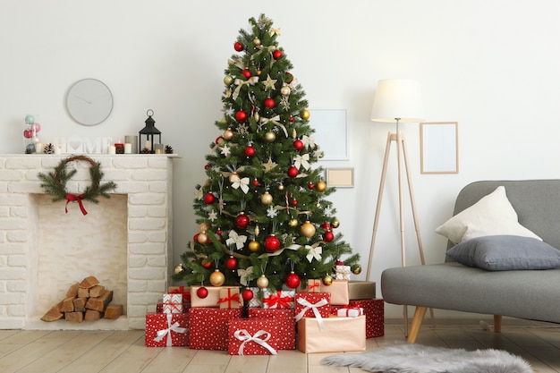 Beautiful interior decorated for christmas or new yearchristmas tree and gifts