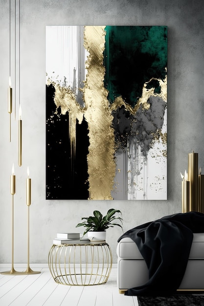 Beautiful interior design with arm chair and ablstract wall painting in white blue and gold colors Generative Ai