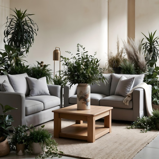 Beautiful interior of living room with sofas and table