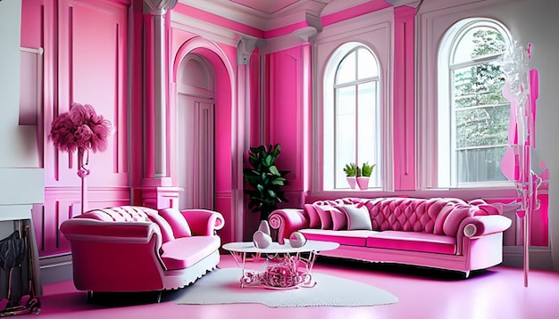 Beautiful interior of pink white living room pink white luxury furniture with pink white walls