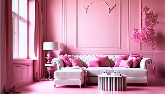 Beautiful interior of pink white living room pink white luxury furniture with pink white walls