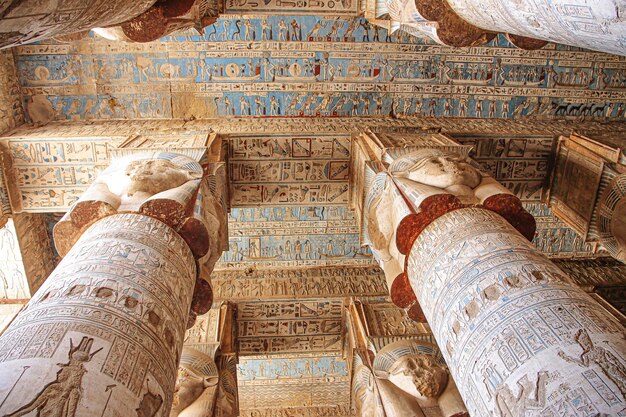 Beautiful interior of the Temple of Dendera or the Temple of Hathor. Egypt, Dendera, Ancient Egyptian temple near the city of Ken.