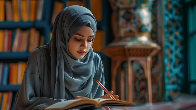 Photo beautiful islamic girl student taking notes